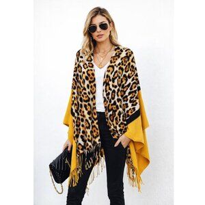 So Soft Leopard Print Scarf Shawl Cashmere-Feel Mustard Yellow Color-Block NEW